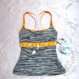 NWT Eco Swim Tankini Top Womens Size 8 Black Orange Striped Racerback Sporty